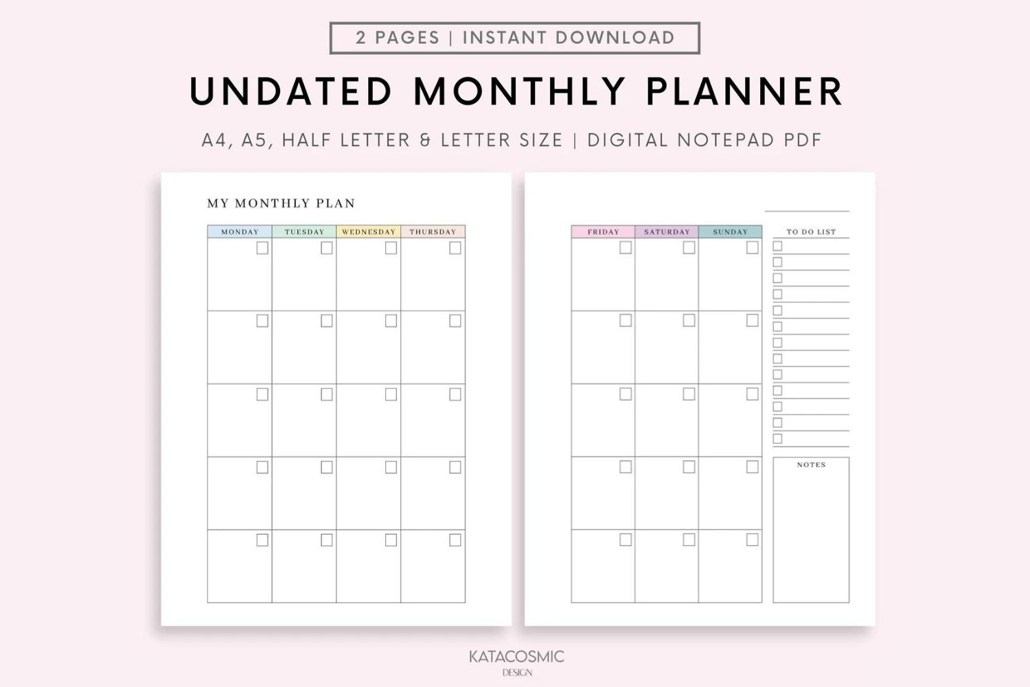 UNDATED MONTHLY PLANNER ON 2 PAGES MONTHLY CALENDAR