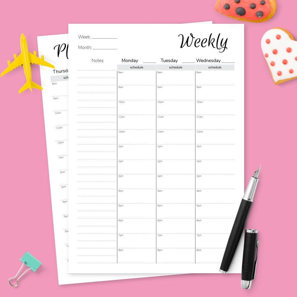 Vertical Weekly Hourly Planner Template Printable PDF