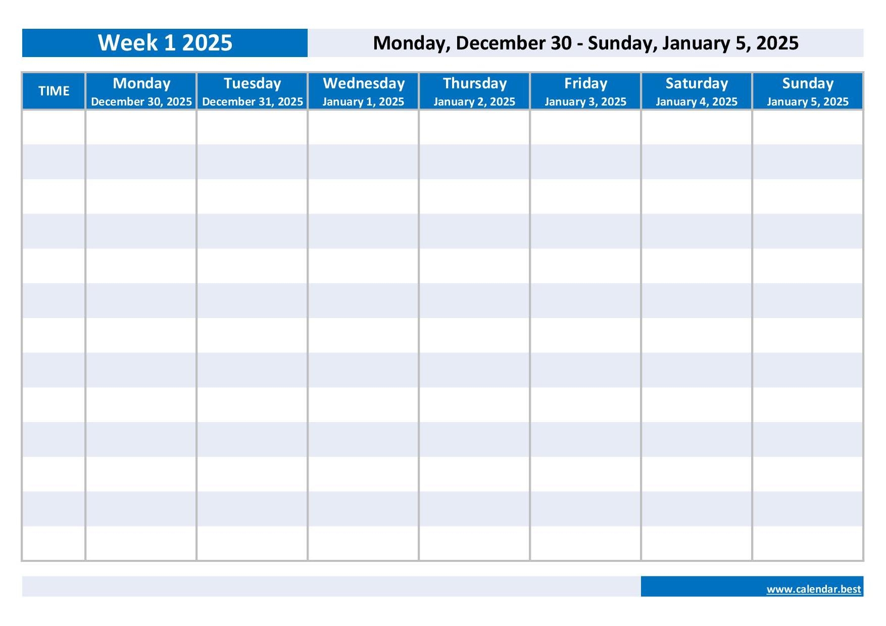 Week 1 2025 Dates Calendar And Weekly Schedule To Print
