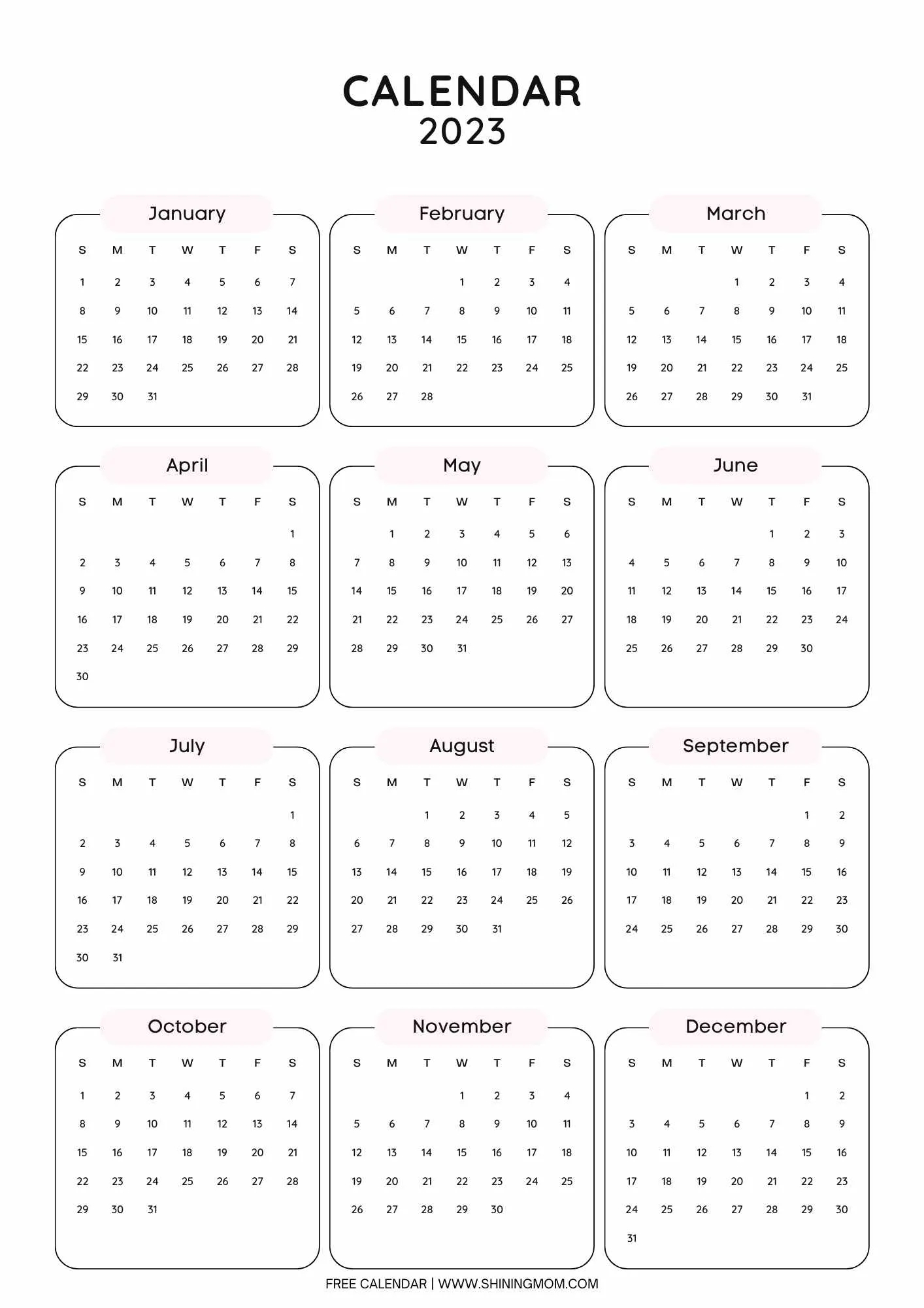Year 2023 Calendar Free One Page Calendar Templates