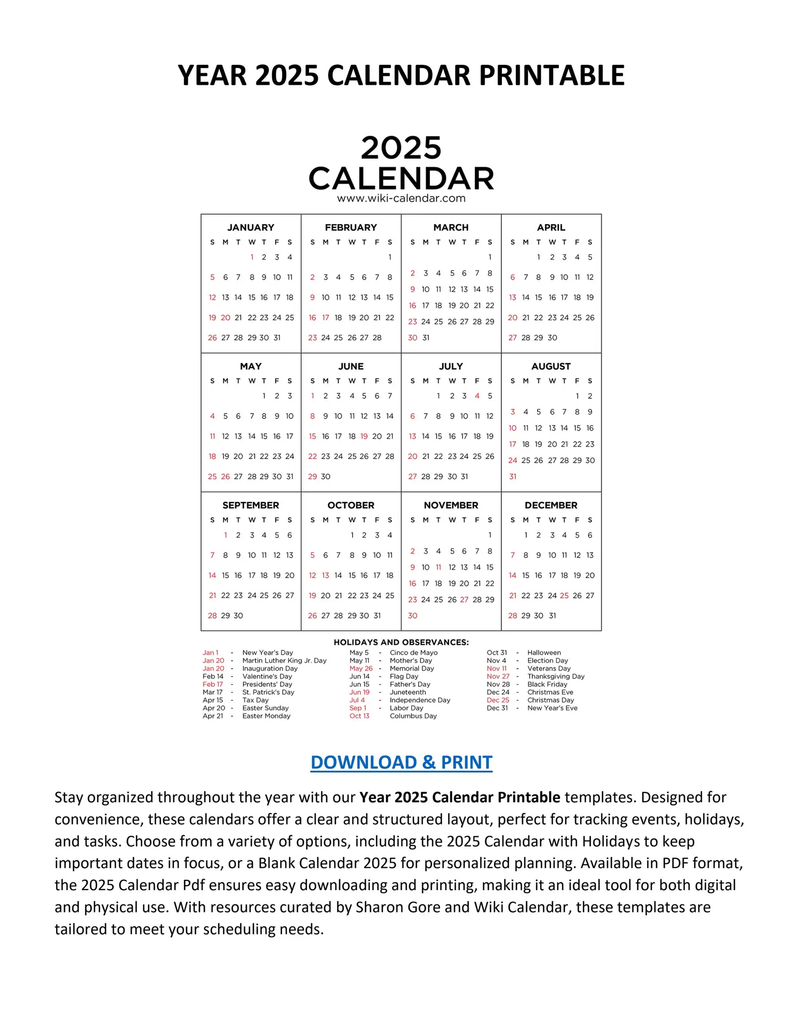 Calendar Printable Year