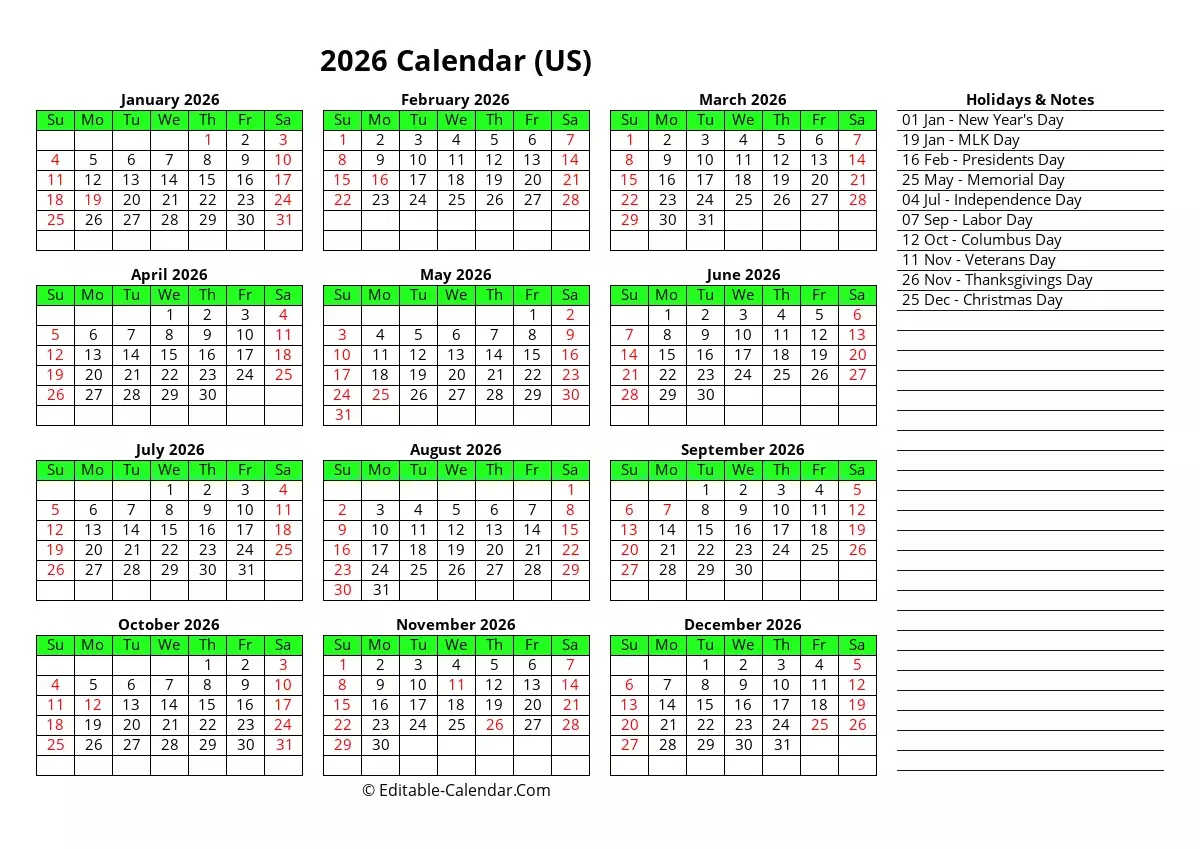 Yearly Calendar 2026 Editable In Excel Word PDF