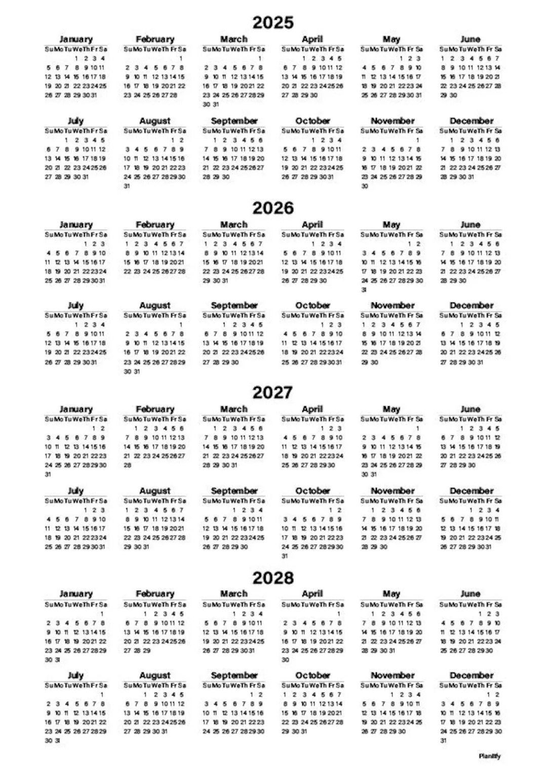 yearly calendar for printing from 2025 to 2028 4 years sunday and monday start letter and a4 size pdf etsy