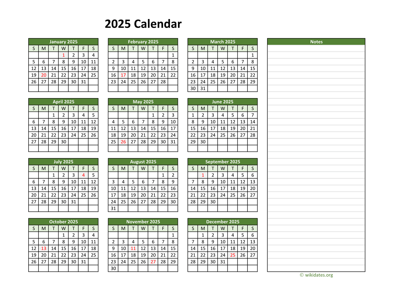 yearly printable 2025 calendar with notes wikidates
