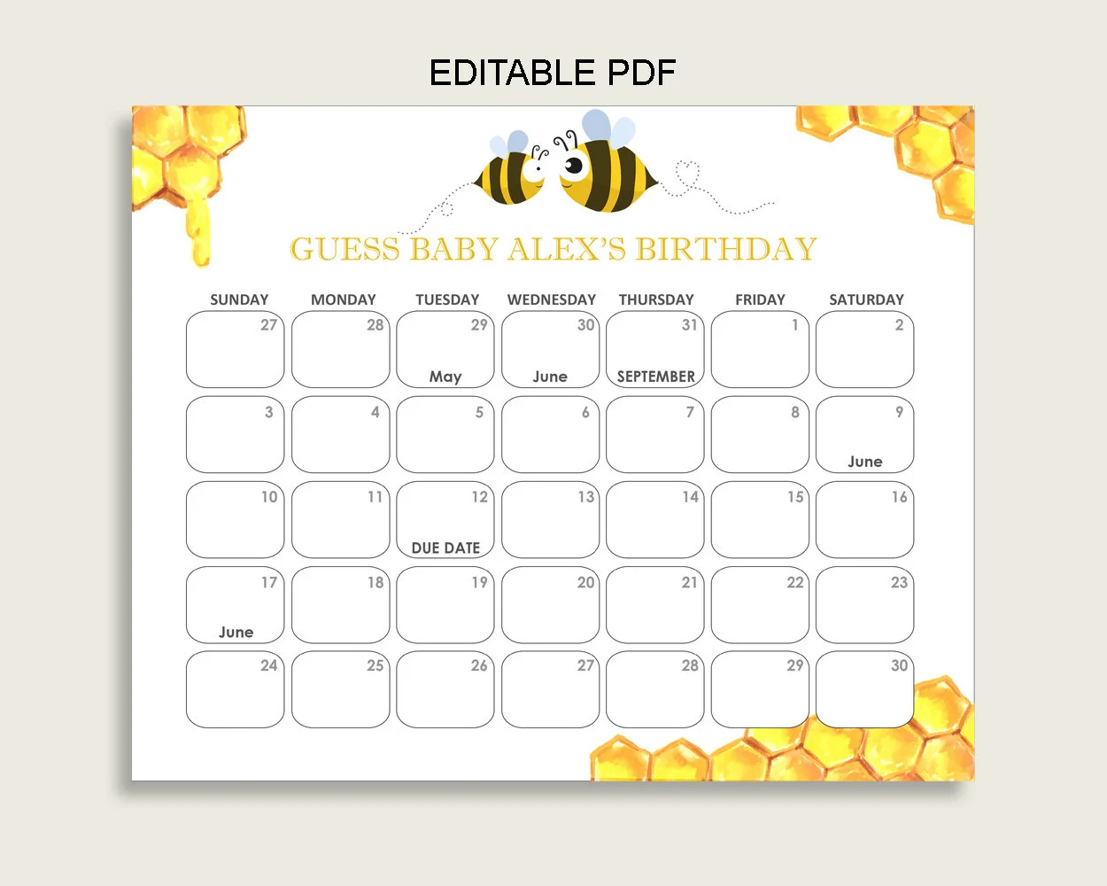 Yellow White Guess Baby Due Date Calendar Game Printable Bee Baby Shower Gender Neutral Birthday Prediction Calendar Editable Bee01 Etsy
